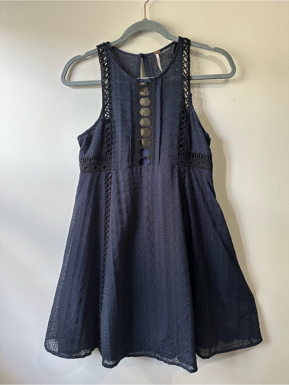 Free People Wherever You Go Navy Lace Crochet Embroidered Dress Sz 4 Boho Indie